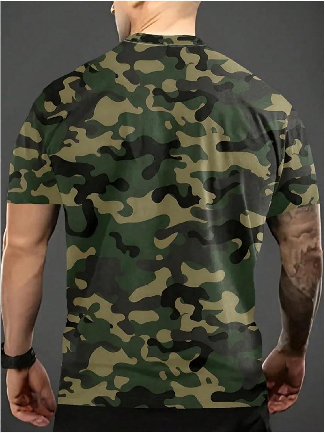 imageOYOANGLE Mens Camo Print Short Sleeve T Shirt Crew Neck Camouflage Tee Summer Workout Muscle TopsArmy Green