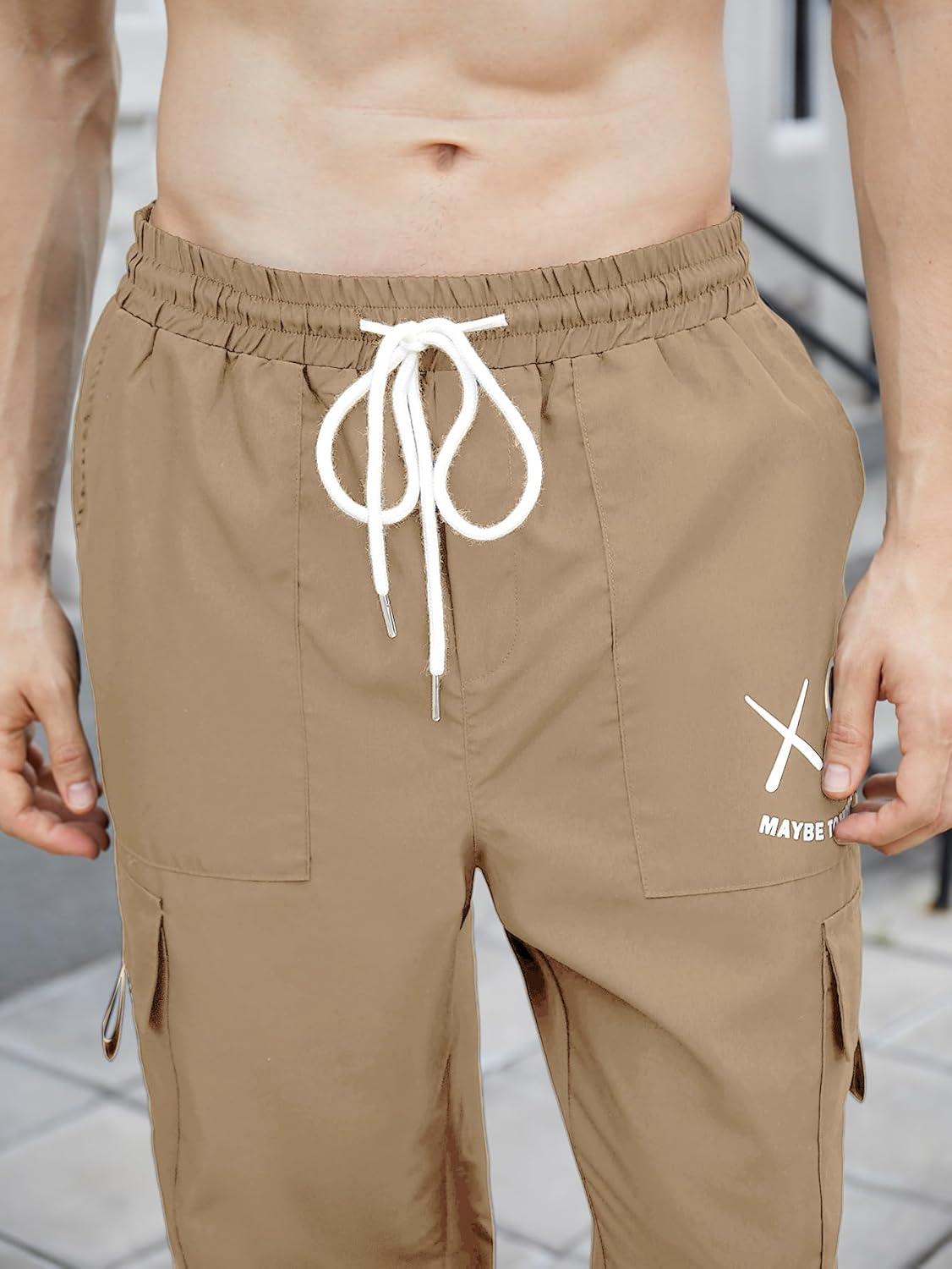 imageOYOANGLE Mens Cargo Pants Drawstring Elastic Waist Flap Pocket Casual Street PantsKhaki Graphic