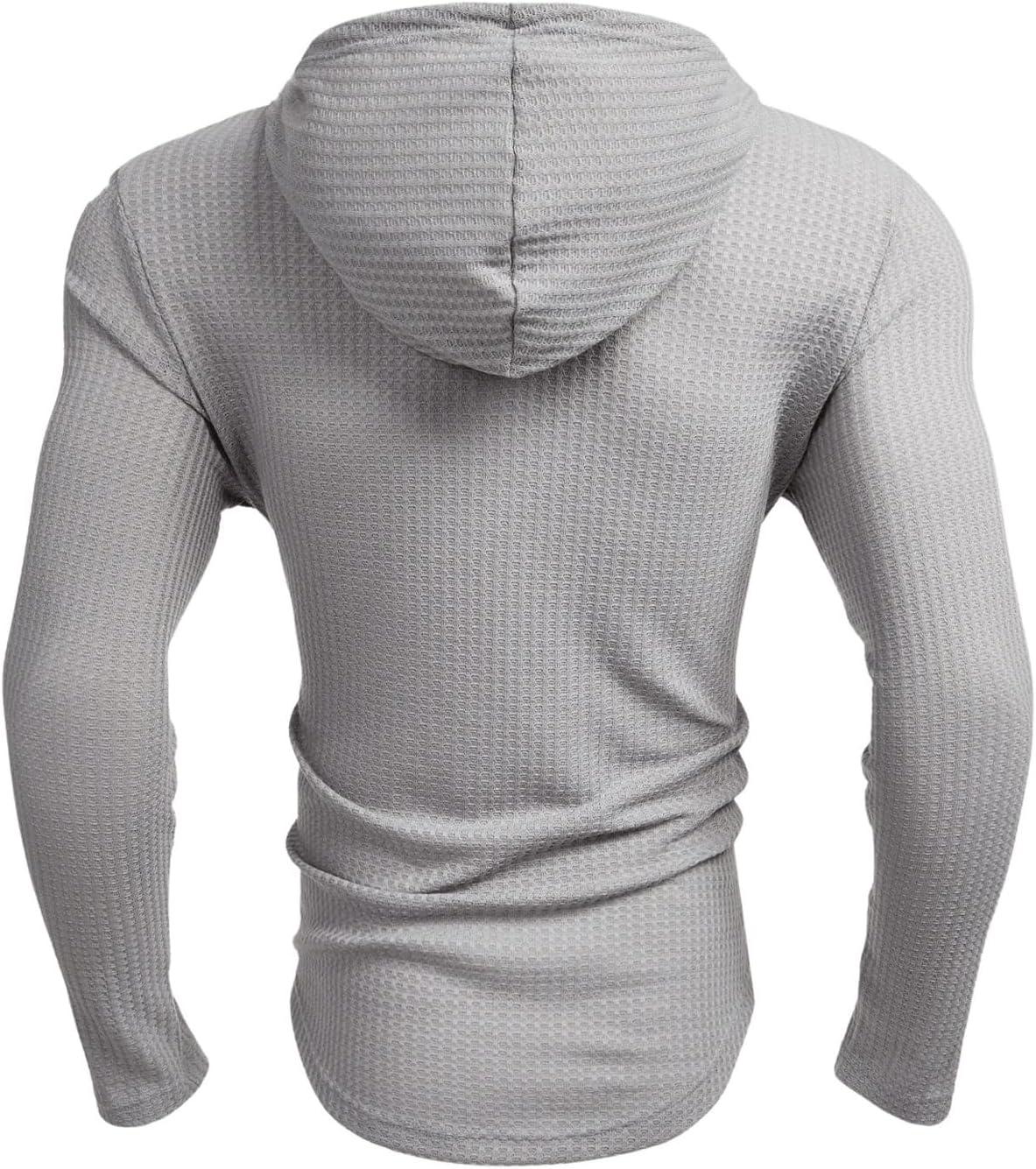 imageOYOANGLE Mens Casaul Drawstring Hoodies Pullover Long Sleeve Waffle Knit Slim Fit Sweatshirt TopGrey