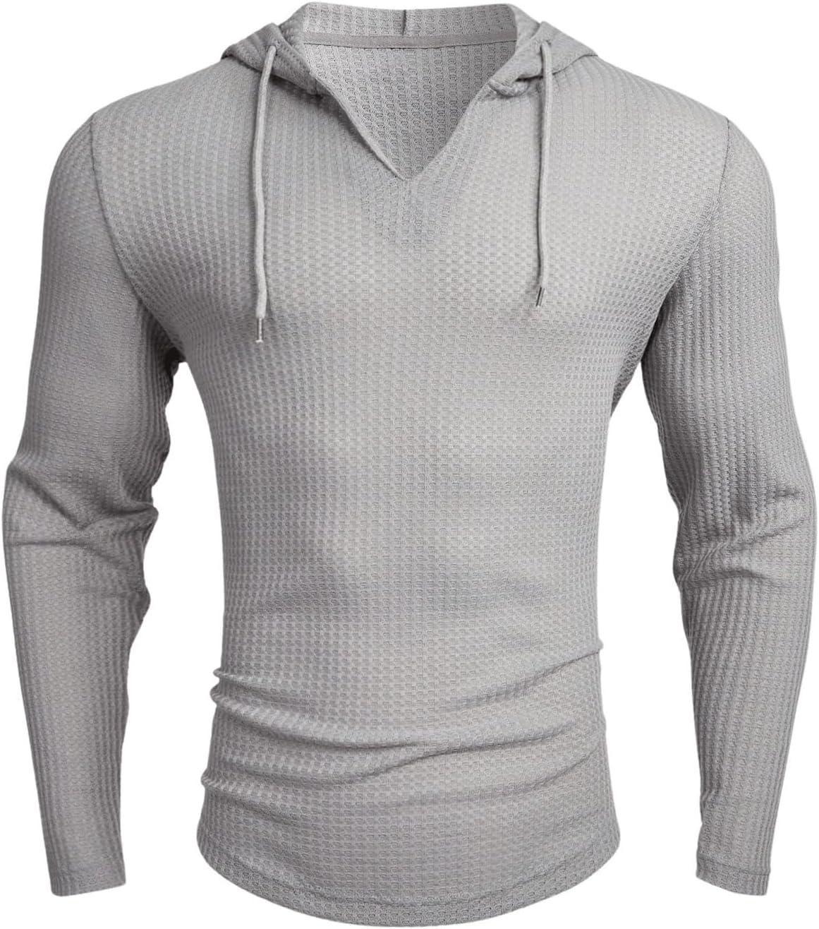 imageOYOANGLE Mens Casaul Drawstring Hoodies Pullover Long Sleeve Waffle Knit Slim Fit Sweatshirt TopGrey