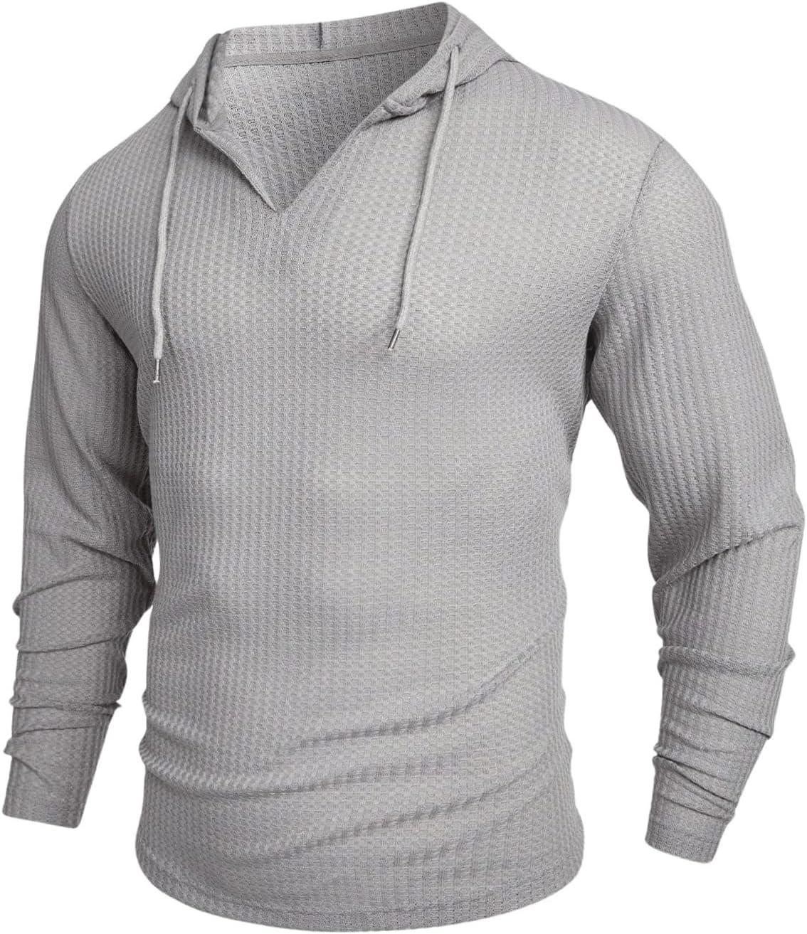 imageOYOANGLE Mens Casaul Drawstring Hoodies Pullover Long Sleeve Waffle Knit Slim Fit Sweatshirt TopGrey