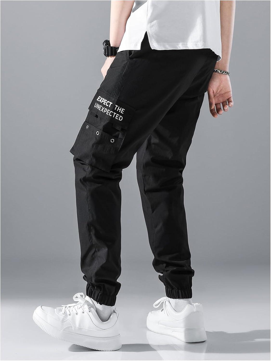 imageOYOANGLE Mens Casual Cargo Joggers Track Jogging Drawstring Waist Jogger Trousers Sweatpants with PocketBlack