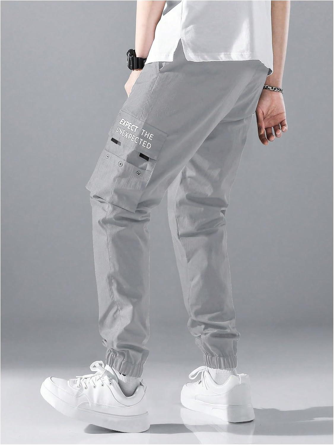 imageOYOANGLE Mens Casual Cargo Joggers Track Jogging Drawstring Waist Jogger Trousers Sweatpants with PocketLight Grey