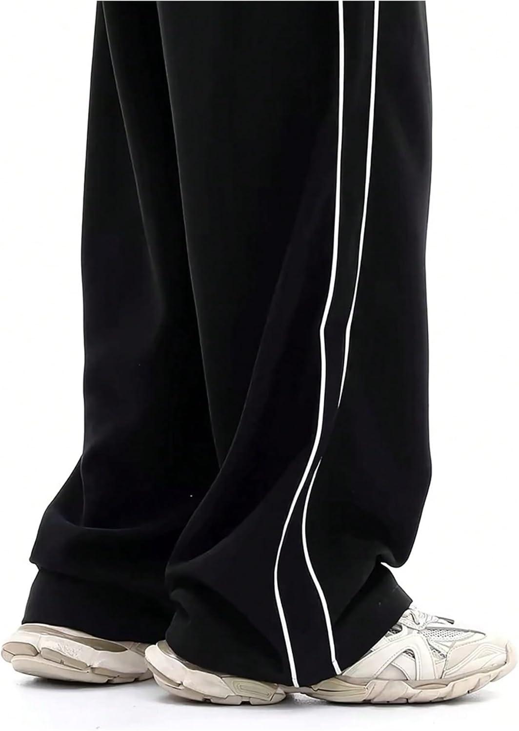 imageOYOANGLE Mens Casual Cargo Sweatpants Striped Side Loose Fit Wide Leg Pants Streetwear Trousers with PocketsBlack