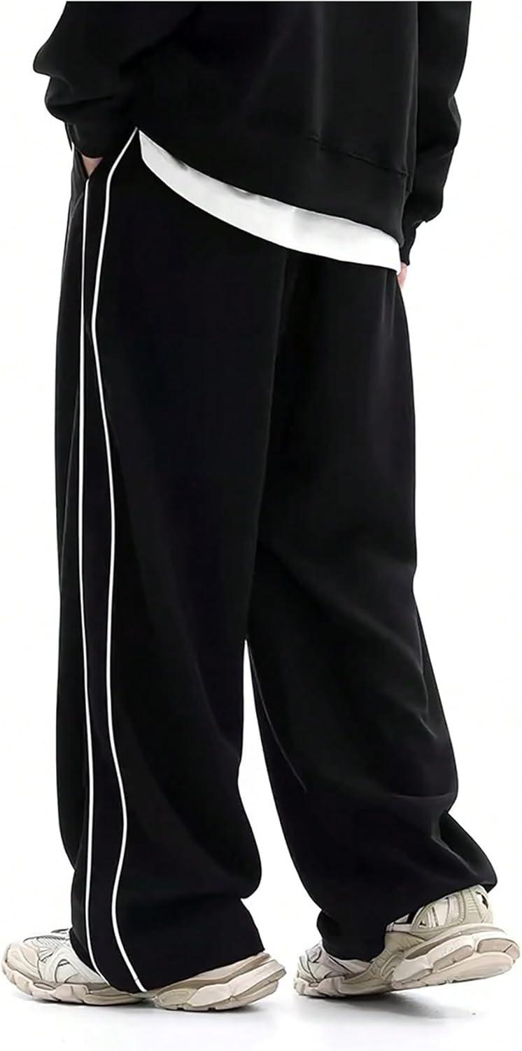 imageOYOANGLE Mens Casual Cargo Sweatpants Striped Side Loose Fit Wide Leg Pants Streetwear Trousers with PocketsBlack