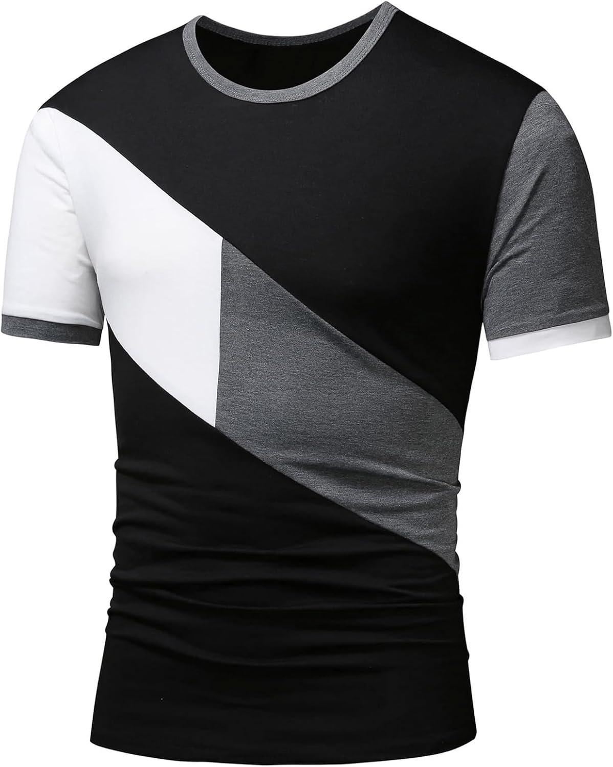 imageOYOANGLE Mens Casual Short Sleeve Colorblock Crewneck Tee Shirt TopsBlack White Grey