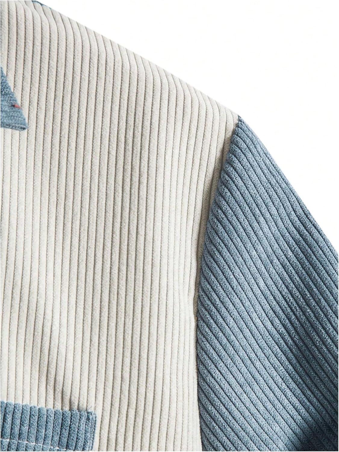 imageOYOANGLE Mens Color Block Button Down Shirts Short Sleeve Corduroy Pocket Front Shirt TopsBlue and White