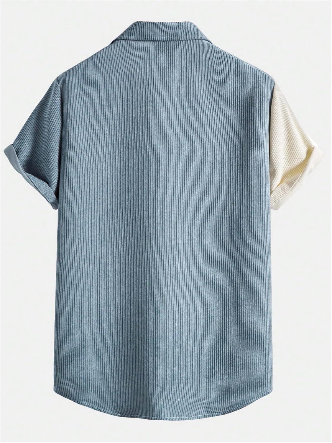 imageOYOANGLE Mens Color Block Button Down Shirts Short Sleeve Corduroy Pocket Front Shirt TopsBlue and White