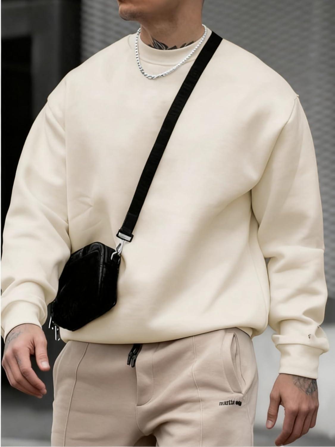 imageOYOANGLE Mens Crewneck Sweatshirts Long Sleeve Drop Shoulder Basic Solid Thermal Casual Pullover ShirtApricot