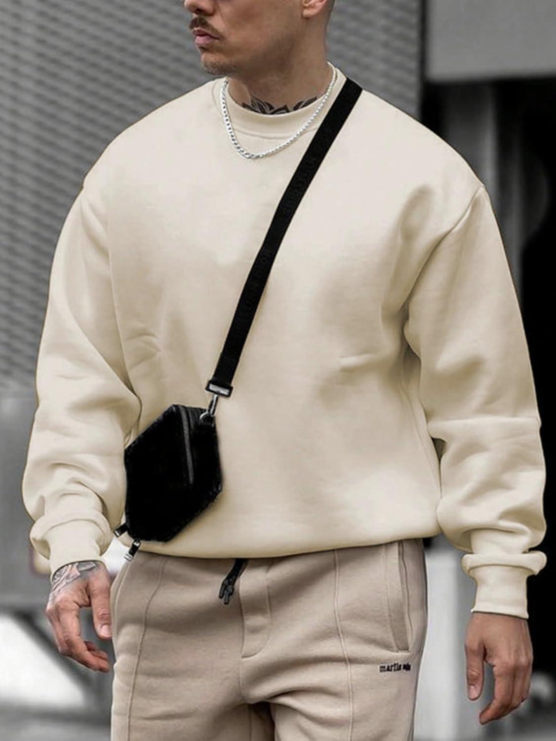 imageOYOANGLE Mens Crewneck Sweatshirts Long Sleeve Drop Shoulder Basic Solid Thermal Casual Pullover ShirtApricot