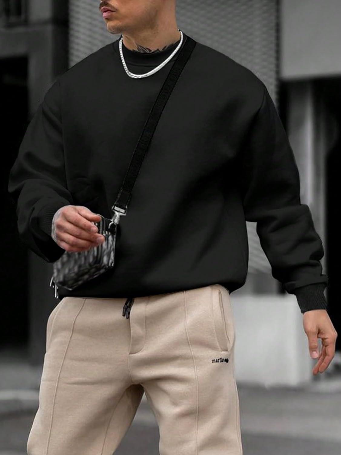 imageOYOANGLE Mens Crewneck Sweatshirts Long Sleeve Drop Shoulder Basic Solid Thermal Casual Pullover ShirtBlack