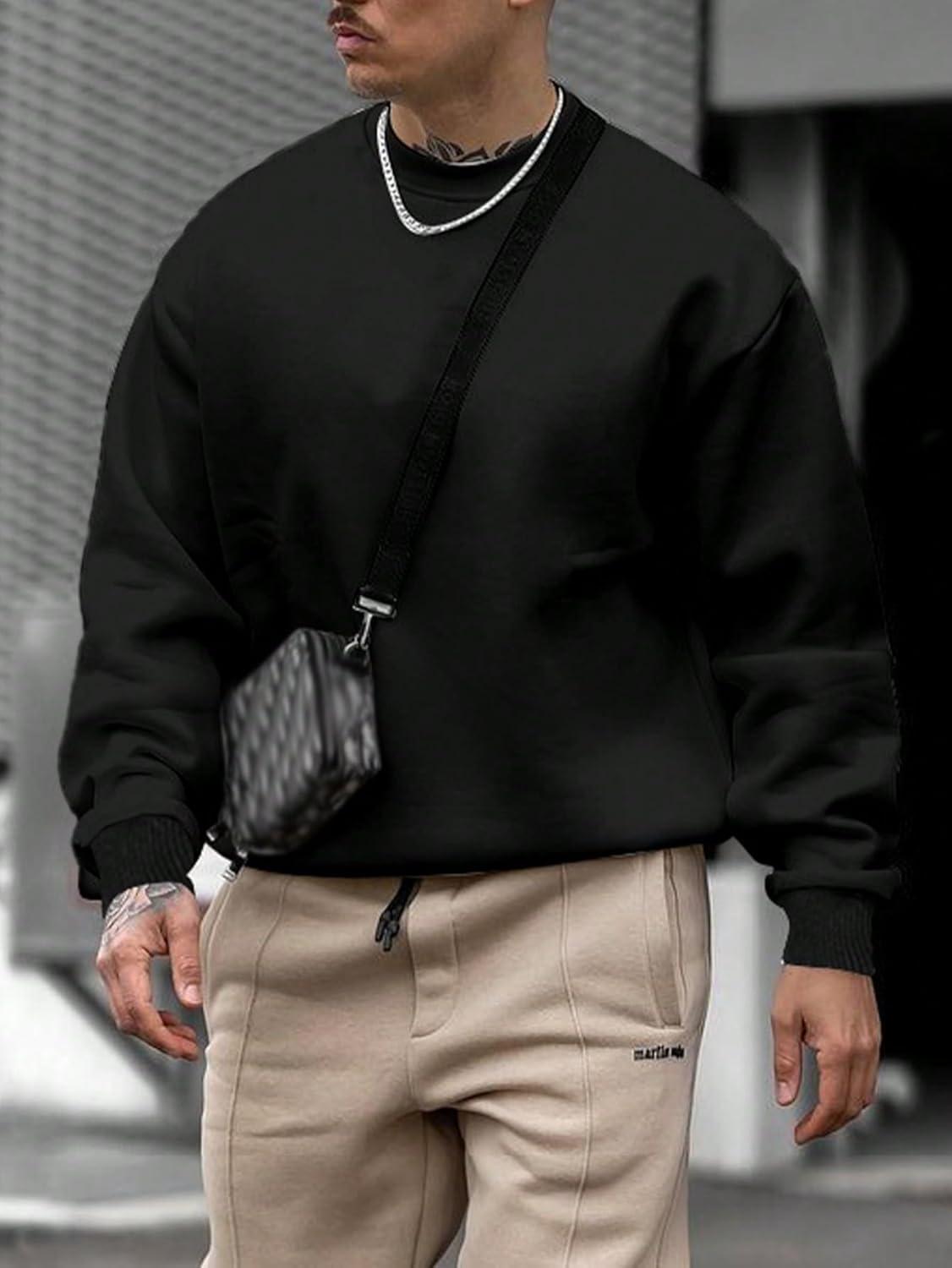 imageOYOANGLE Mens Crewneck Sweatshirts Long Sleeve Drop Shoulder Basic Solid Thermal Casual Pullover ShirtBlack