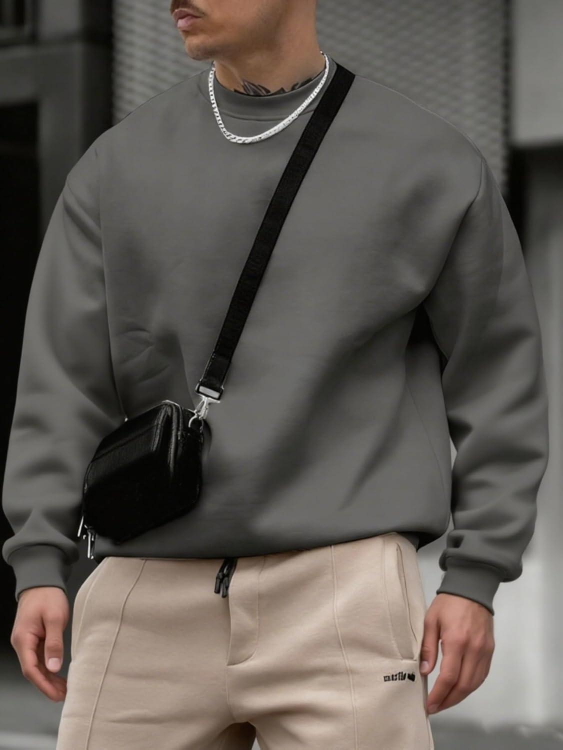 imageOYOANGLE Mens Crewneck Sweatshirts Long Sleeve Drop Shoulder Basic Solid Thermal Casual Pullover ShirtDark Grey