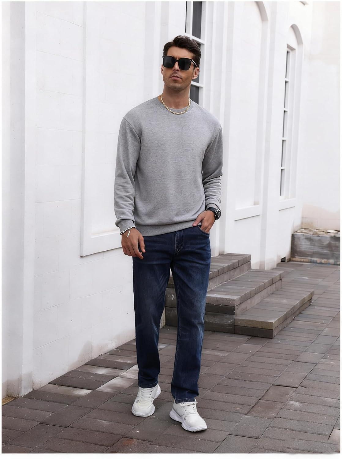 imageOYOANGLE Mens Crewneck Sweatshirts Long Sleeve Drop Shoulder Basic Solid Thermal Casual Pullover ShirtDark Grey