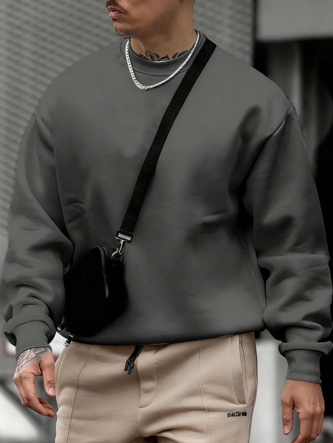 imageOYOANGLE Mens Crewneck Sweatshirts Long Sleeve Drop Shoulder Basic Solid Thermal Casual Pullover ShirtDark Grey