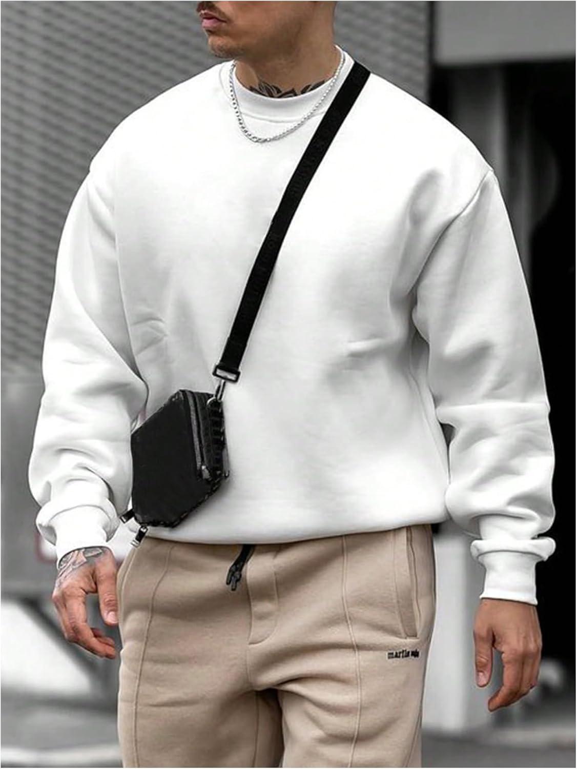 imageOYOANGLE Mens Crewneck Sweatshirts Long Sleeve Drop Shoulder Basic Solid Thermal Casual Pullover ShirtWhite