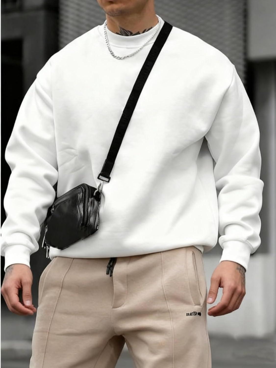 imageOYOANGLE Mens Crewneck Sweatshirts Long Sleeve Drop Shoulder Basic Solid Thermal Casual Pullover ShirtWhite