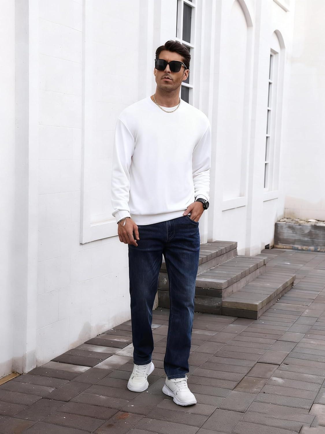 imageOYOANGLE Mens Crewneck Sweatshirts Long Sleeve Drop Shoulder Basic Solid Thermal Casual Pullover ShirtWhite