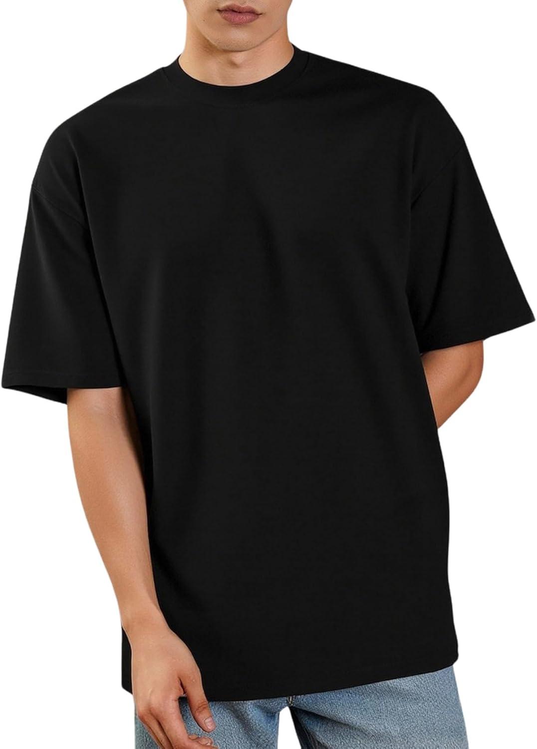 imageOYOANGLE Mens Fashion Short Sleeve Oversized Tshirts Workout Pullover Drop Shoulder Tee Shirt Solid Color Casual TeesBlack