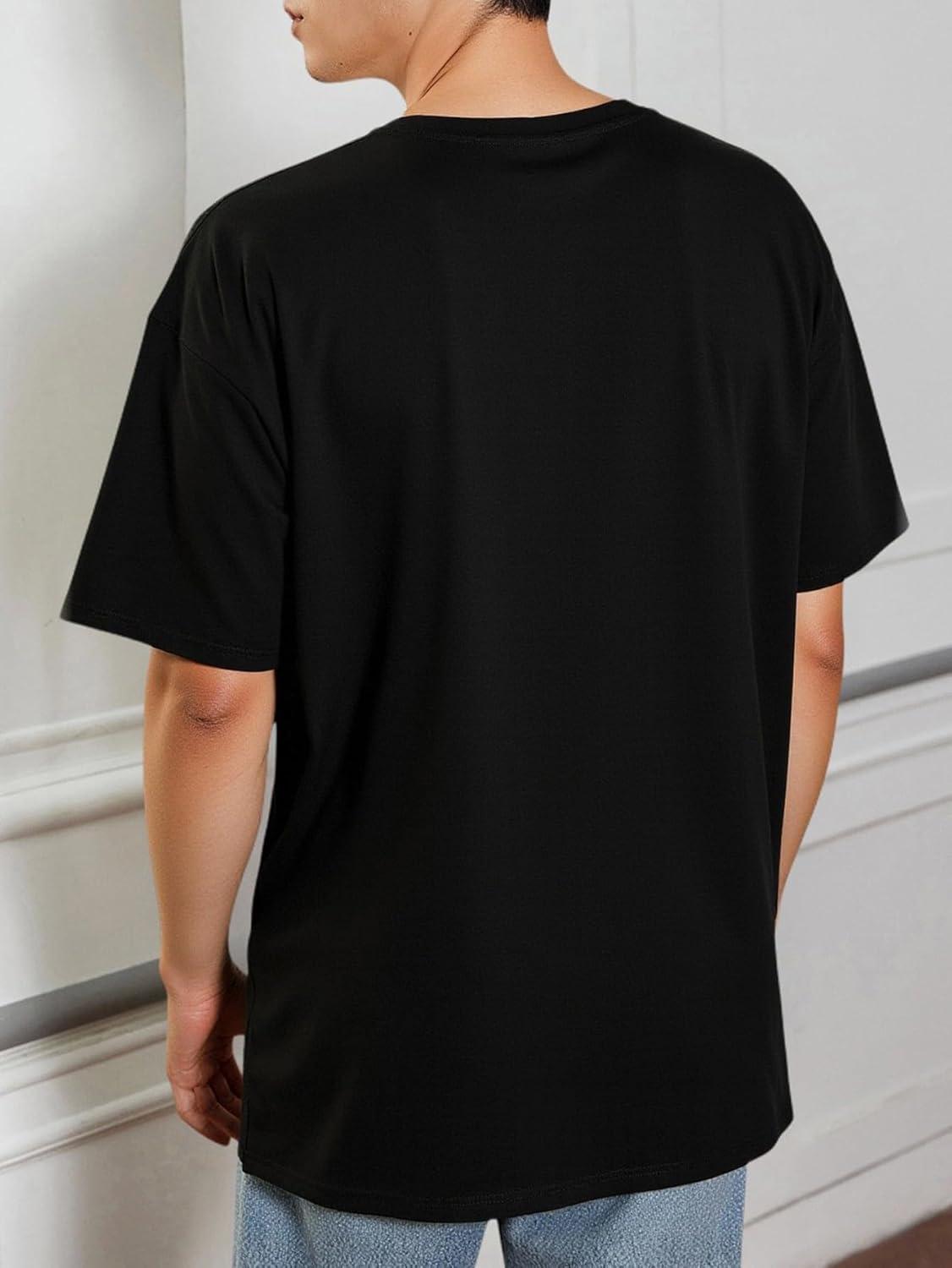 imageOYOANGLE Mens Fashion Short Sleeve Oversized Tshirts Workout Pullover Drop Shoulder Tee Shirt Solid Color Casual TeesBlack