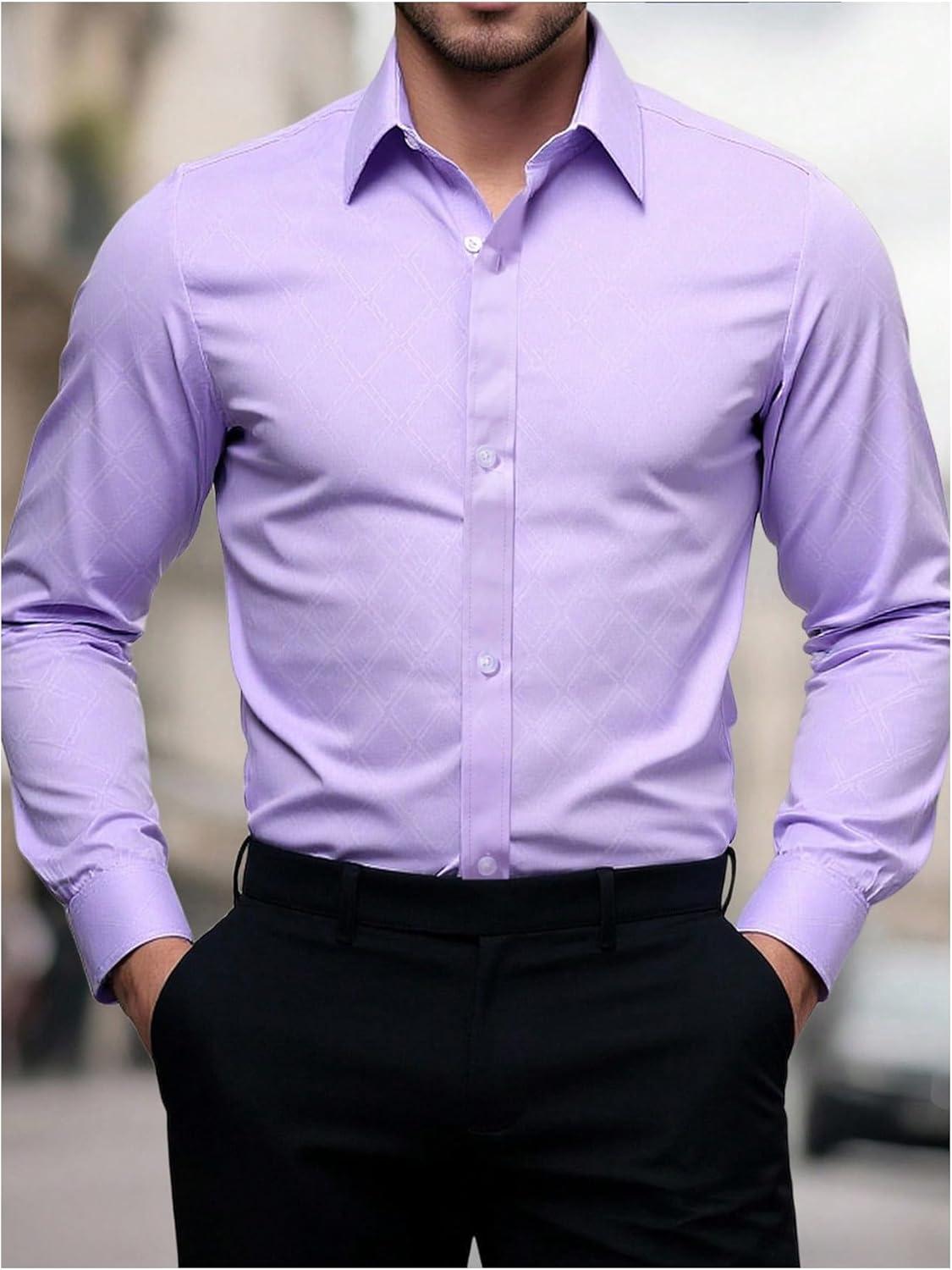 imageOYOANGLE Mens Long Sleeve Button Down Shirts Geo Print Business Casual Formal Dress ShirtsLight Purple
