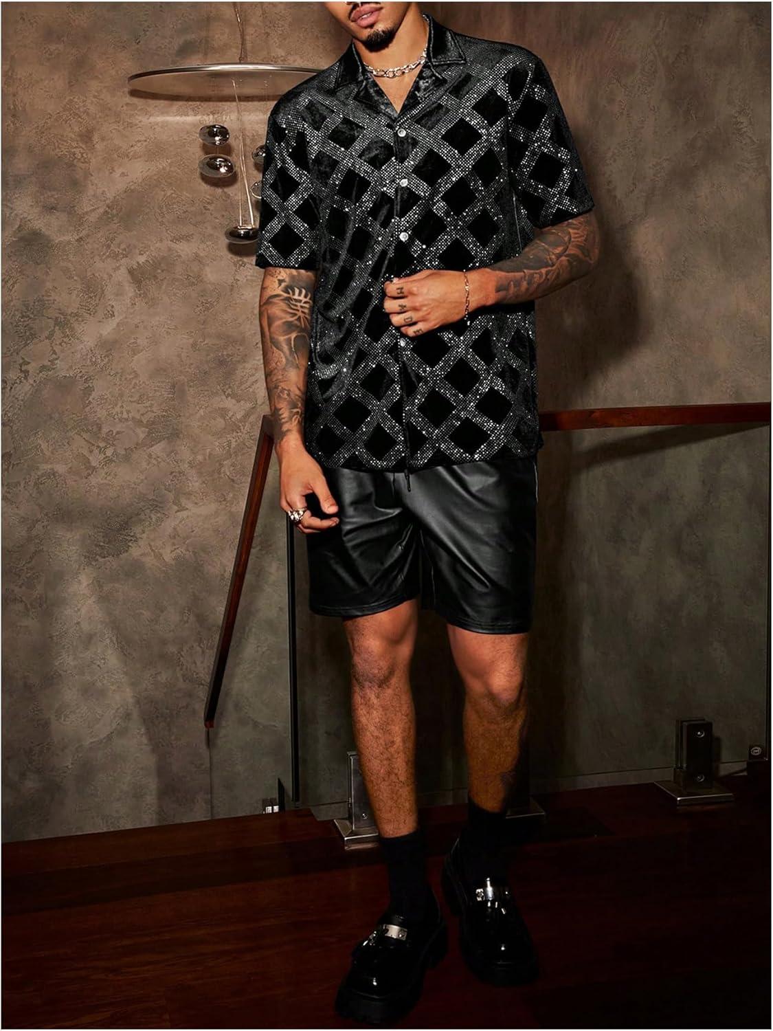 imageOYOANGLE Mens Rhinestone Sparkly Plaid Button Down Shirt Party Short Sleeve Collared ShirtsBlack