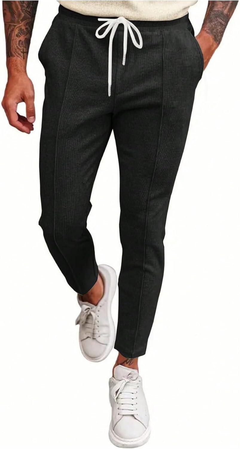imageOYOANGLE Mens Textured Drawstring Tapered Pants Solid Business Casual Trousers with PocketBlack
