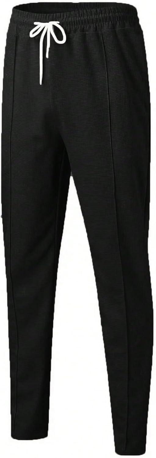 imageOYOANGLE Mens Textured Drawstring Tapered Pants Solid Business Casual Trousers with PocketBlack