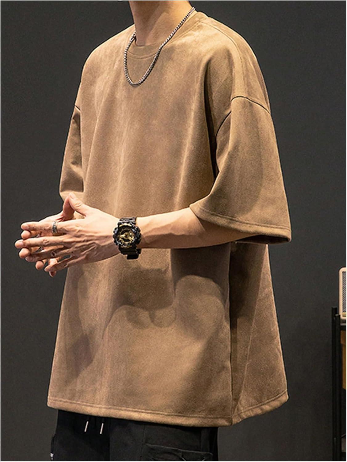 imageOYOANGLE Mens Vintage Half Sleeve TShirt Oversized Drop Shoulder Summer Tee TopKhkai