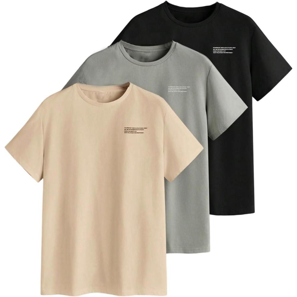 imageOYOANGLE Mens 3 Pack Letter Graphic Print Tees Slogan Short Sleeve T Shirt Summer Casual TopsBlack Green Beige