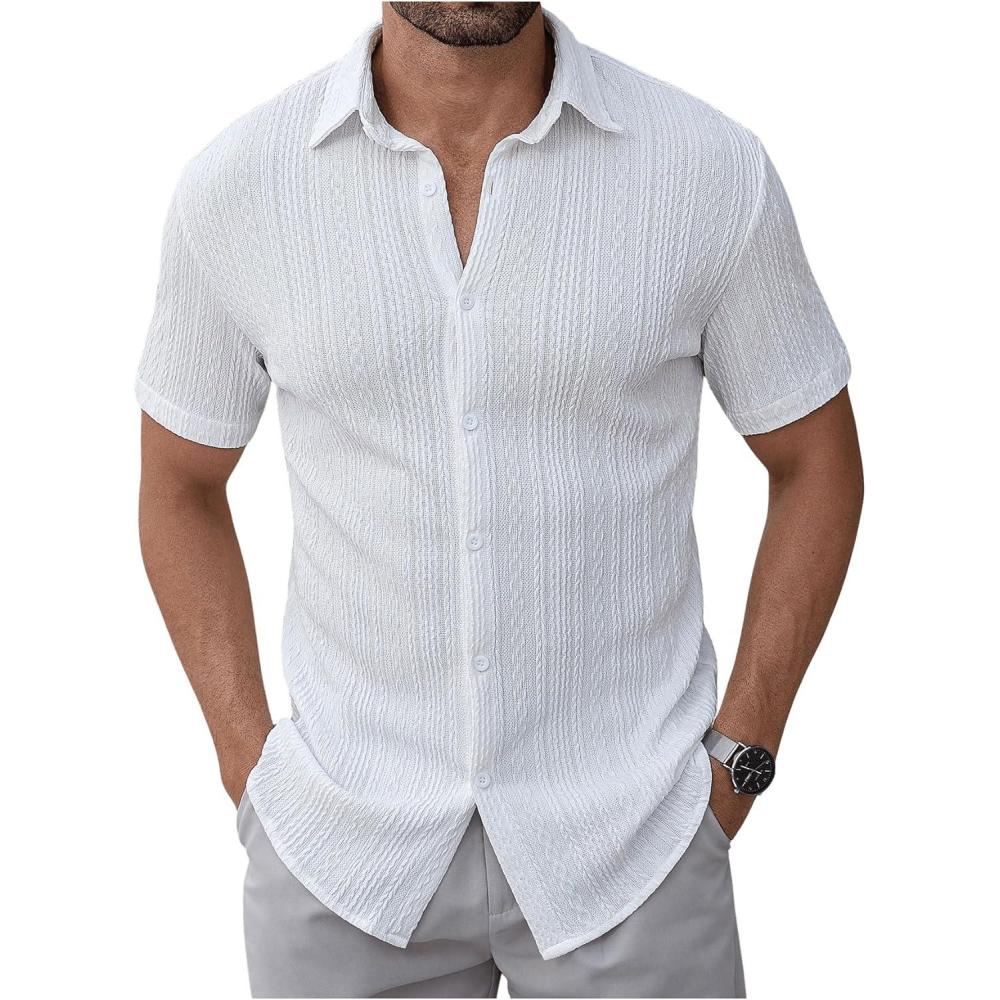 imageOYOANGLE Mens Button Down Textured Shirts Short Sleeve Summer Beach Casual Shirt TopsWhite