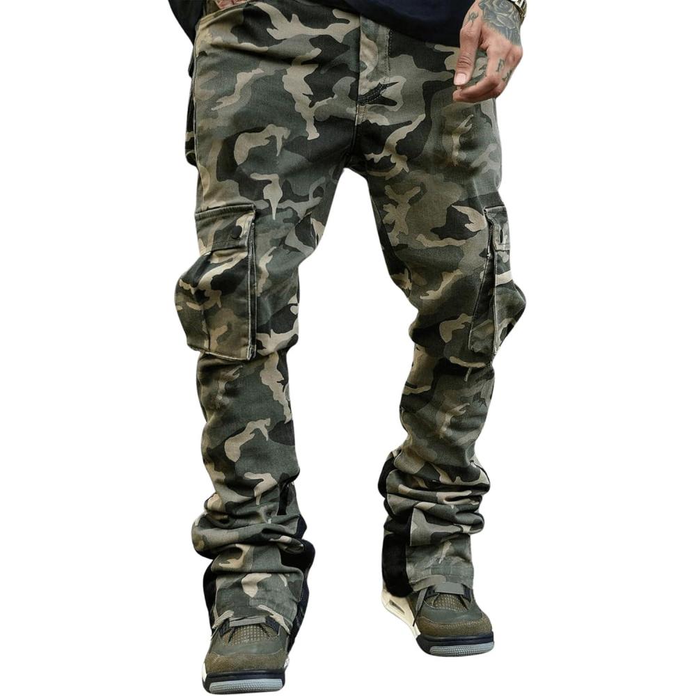 imageOYOANGLE Mens Camo Print Drawstring Waist Casual Baggy Cargo Pants Streetwear with PocketGreen