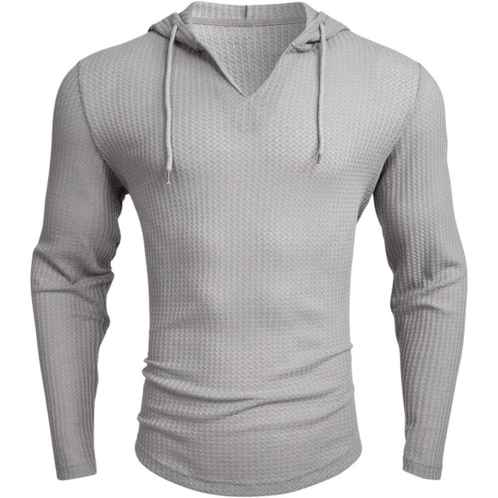 imageOYOANGLE Mens Casaul Drawstring Hoodies Pullover Long Sleeve Waffle Knit Slim Fit Sweatshirt TopGrey