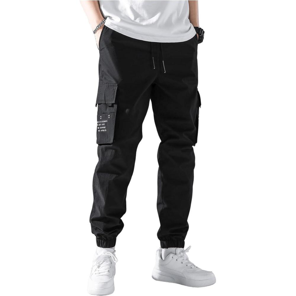 imageOYOANGLE Mens Casual Cargo Joggers Track Jogging Drawstring Waist Jogger Trousers Sweatpants with PocketBlack