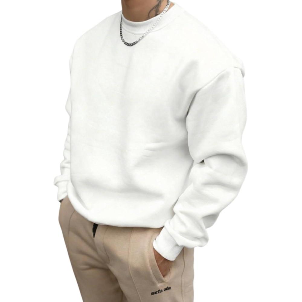 imageOYOANGLE Mens Crewneck Sweatshirts Long Sleeve Drop Shoulder Basic Solid Thermal Casual Pullover ShirtWhite