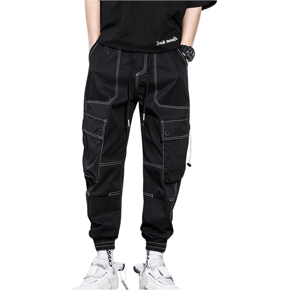 imageOYOANGLE Mens Drawstring Elastic Waist Jogger Cargo Pants Solid Casual Trousers with Flap PocketsBlack