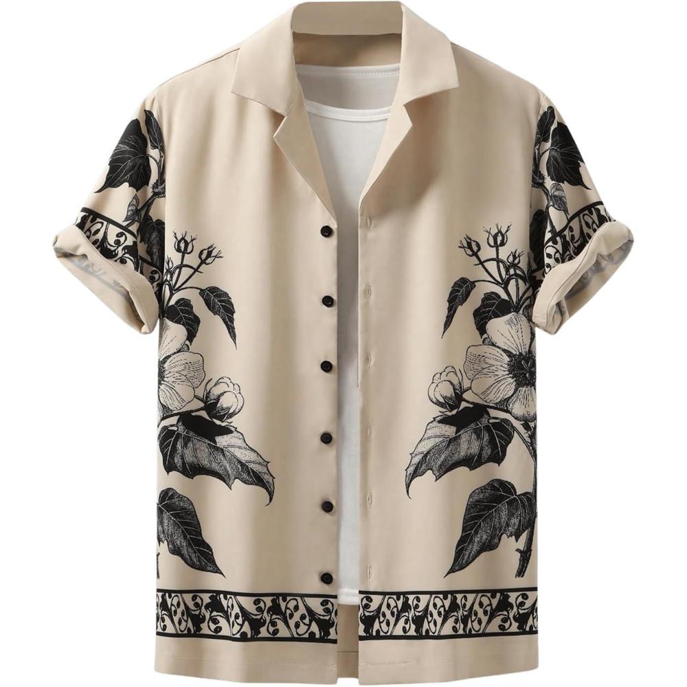 imageOYOANGLE Mens Floral Print Short Sleeve Button Down Shirts Lapel Collared Beach Vacation TopsBeige