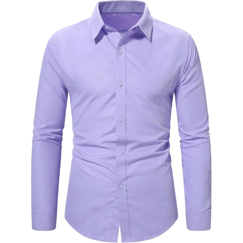 imageOYOANGLE Mens Long Sleeve Button Down Shirts Geo Print Business Casual Formal Dress ShirtsLight Purple