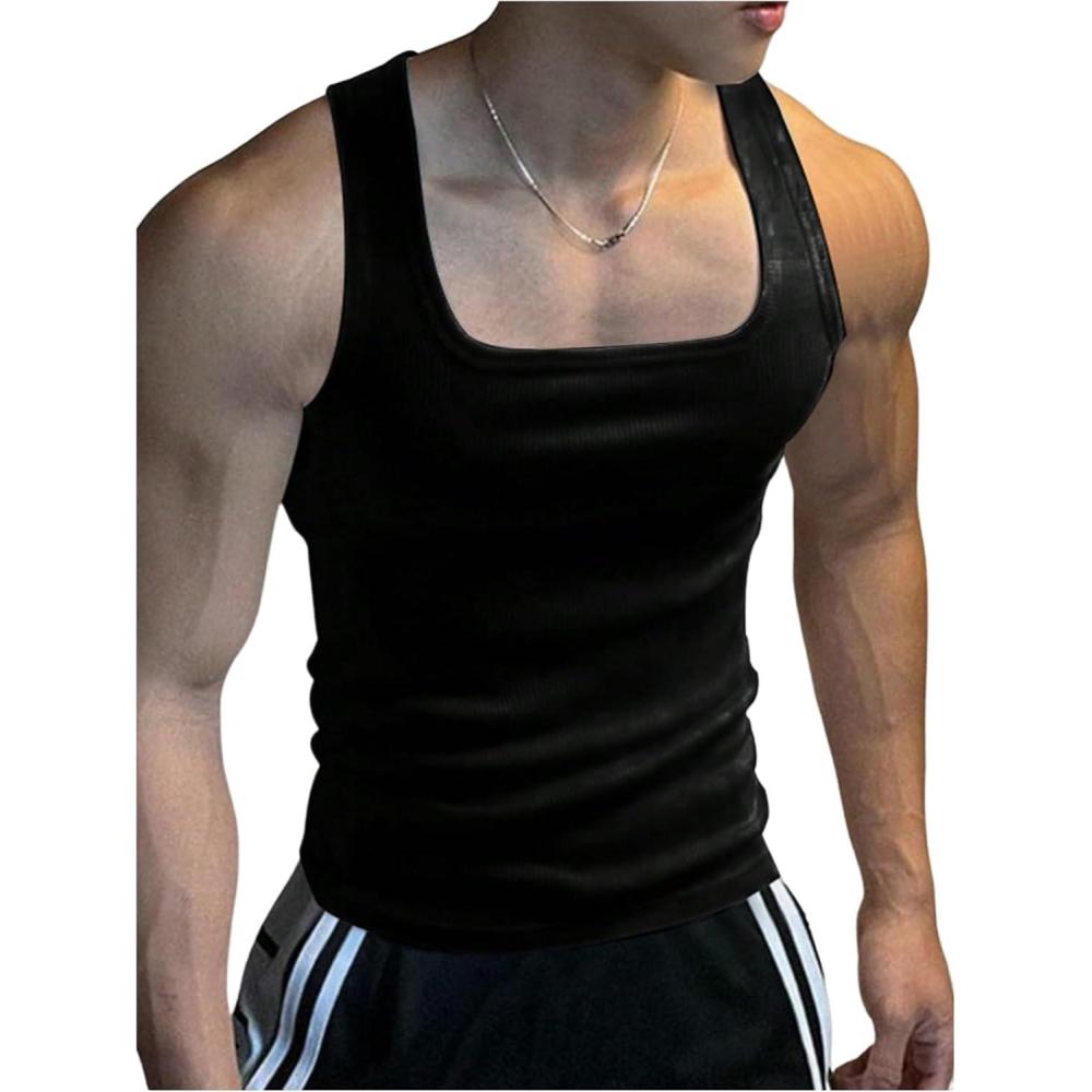 imageOYOANGLE Mens Square Neck Ribbed Knit Tank Top Basic Solid Sleeveless Undershirts Muscle TopsBlack