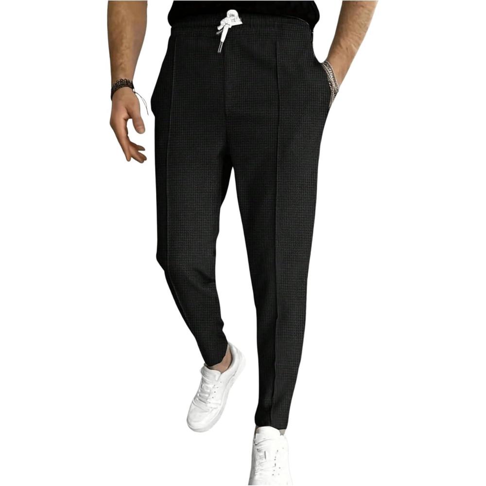 imageOYOANGLE Mens Textured Drawstring Tapered Pants Solid Business Casual Trousers with PocketBlack