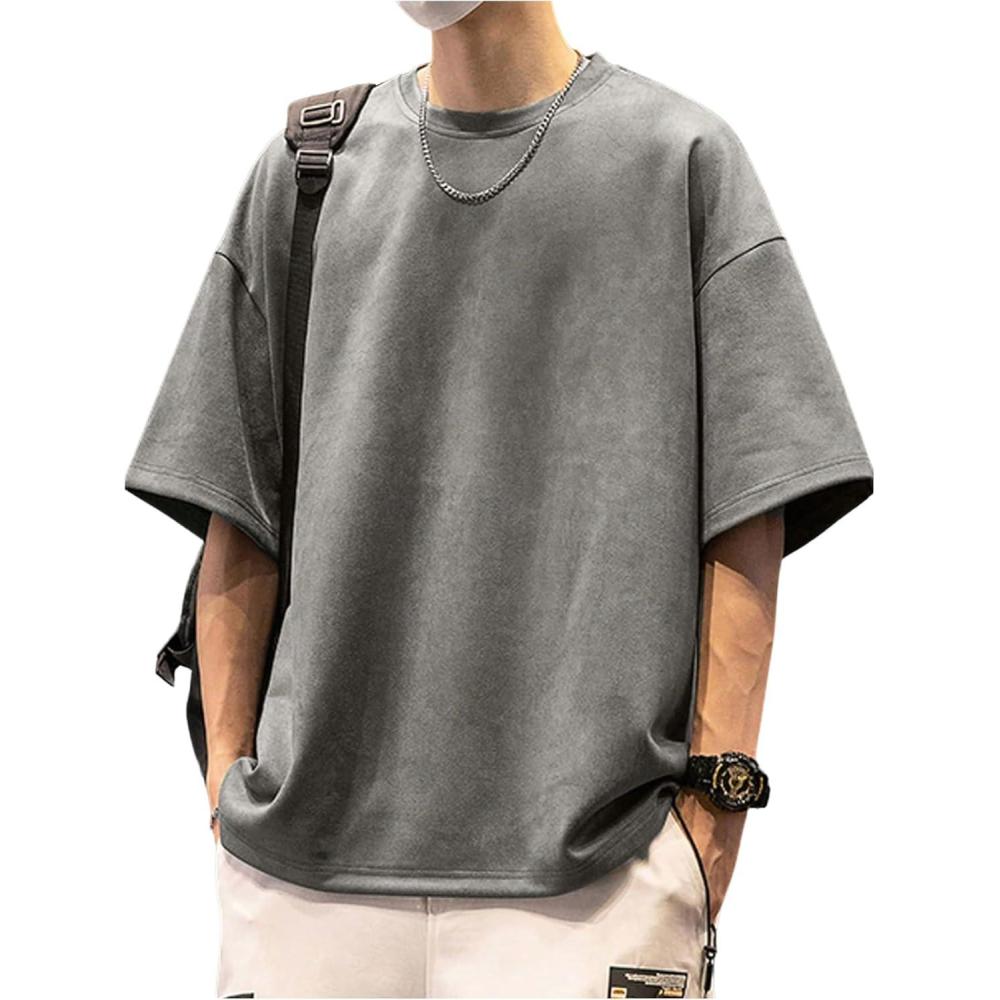 imageOYOANGLE Mens Vintage Half Sleeve TShirt Oversized Drop Shoulder Summer Tee TopGrey
