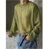 imageOYOANGLE Mens Crochet Hollow Out Long Sleeve Top Crew Neck Mesh See Through T ShirtsGreen