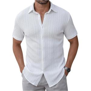 imageOYOANGLE Mens Button Down Textured Shirts Short Sleeve Summer Beach Casual Shirt TopsWhite
