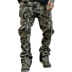 imageOYOANGLE Mens Camo Print Drawstring Waist Casual Baggy Cargo Pants Streetwear with PocketGreen