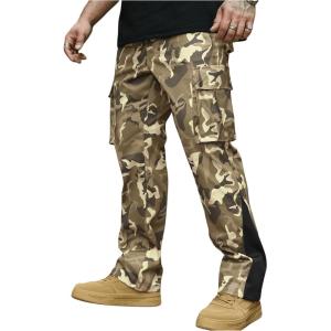 imageOYOANGLE Mens Camo Print Drawstring Waist Casual Baggy Cargo Pants Streetwear with PocketKhaki