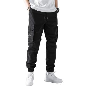 imageOYOANGLE Mens Casual Cargo Joggers Track Jogging Drawstring Waist Jogger Trousers Sweatpants with PocketBlack