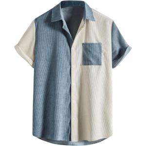 imageOYOANGLE Mens Color Block Button Down Shirts Short Sleeve Corduroy Pocket Front Shirt TopsBlue and White