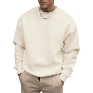 imageOYOANGLE Mens Crewneck Sweatshirts Long Sleeve Drop Shoulder Basic Solid Thermal Casual Pullover ShirtApricot