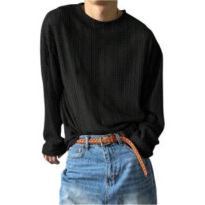 imageOYOANGLE Mens Crochet Hollow Out Long Sleeve Top Crew Neck Mesh See Through T ShirtsBlack