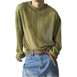 imageOYOANGLE Mens Crochet Hollow Out Long Sleeve Top Crew Neck Mesh See Through T ShirtsGreen